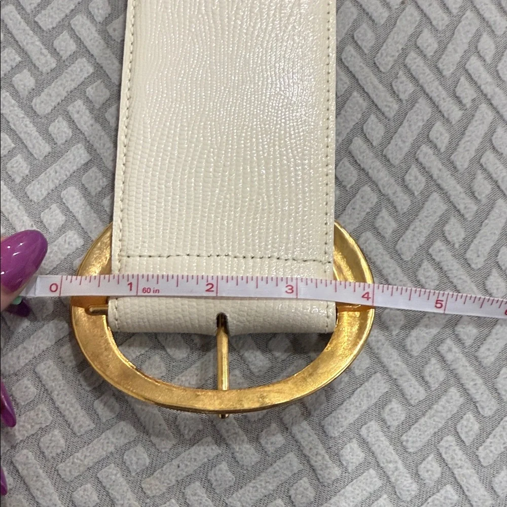 Elegant Off White Genuine Leather Belt with Gold Brass Buckle